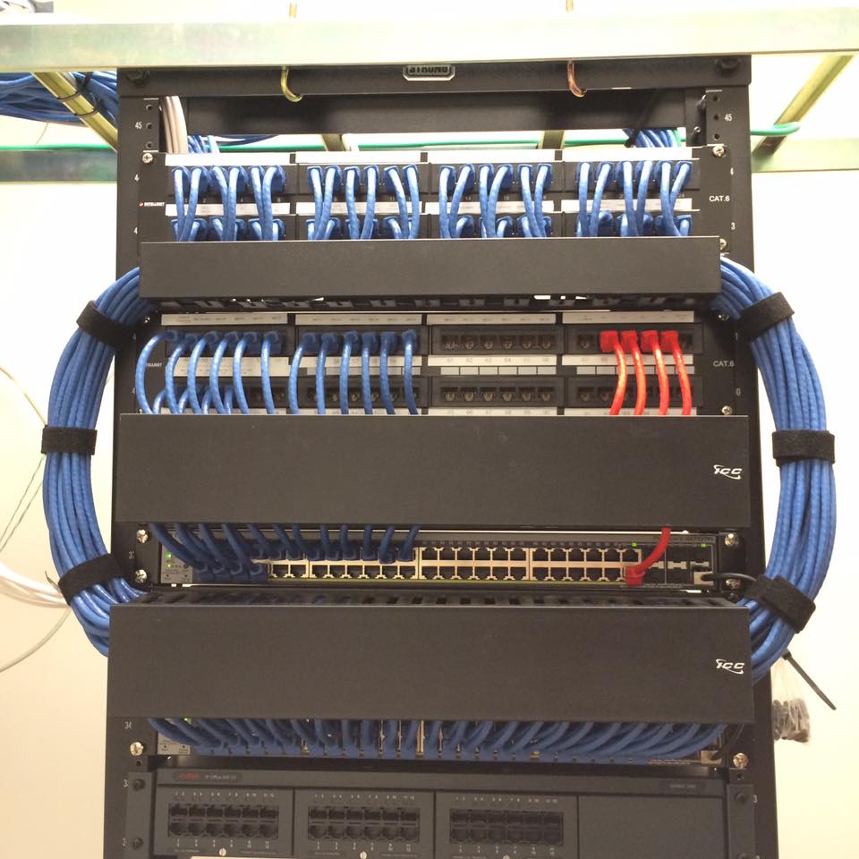 two post rack with neatly dressed patch cables